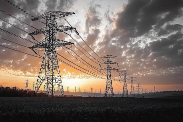 Electric transmission towers cross rural fields at sunset, dramatic clouds and long power lines