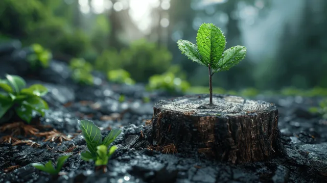 A green seedling sprouts from a moss-covered tree stump in a foggy forest with soft blurred foliage behind.