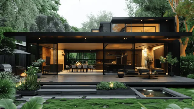 Black minimalist house terrace dining area with warm lights and large glass windows overlooking a landscaped garden at dusk.