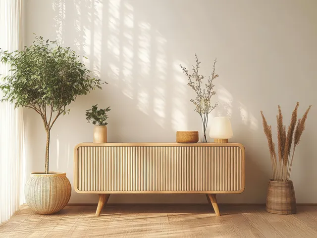 Light wooden sideboard in a warm living room with green plants in baskets under soft sunlit shadows.