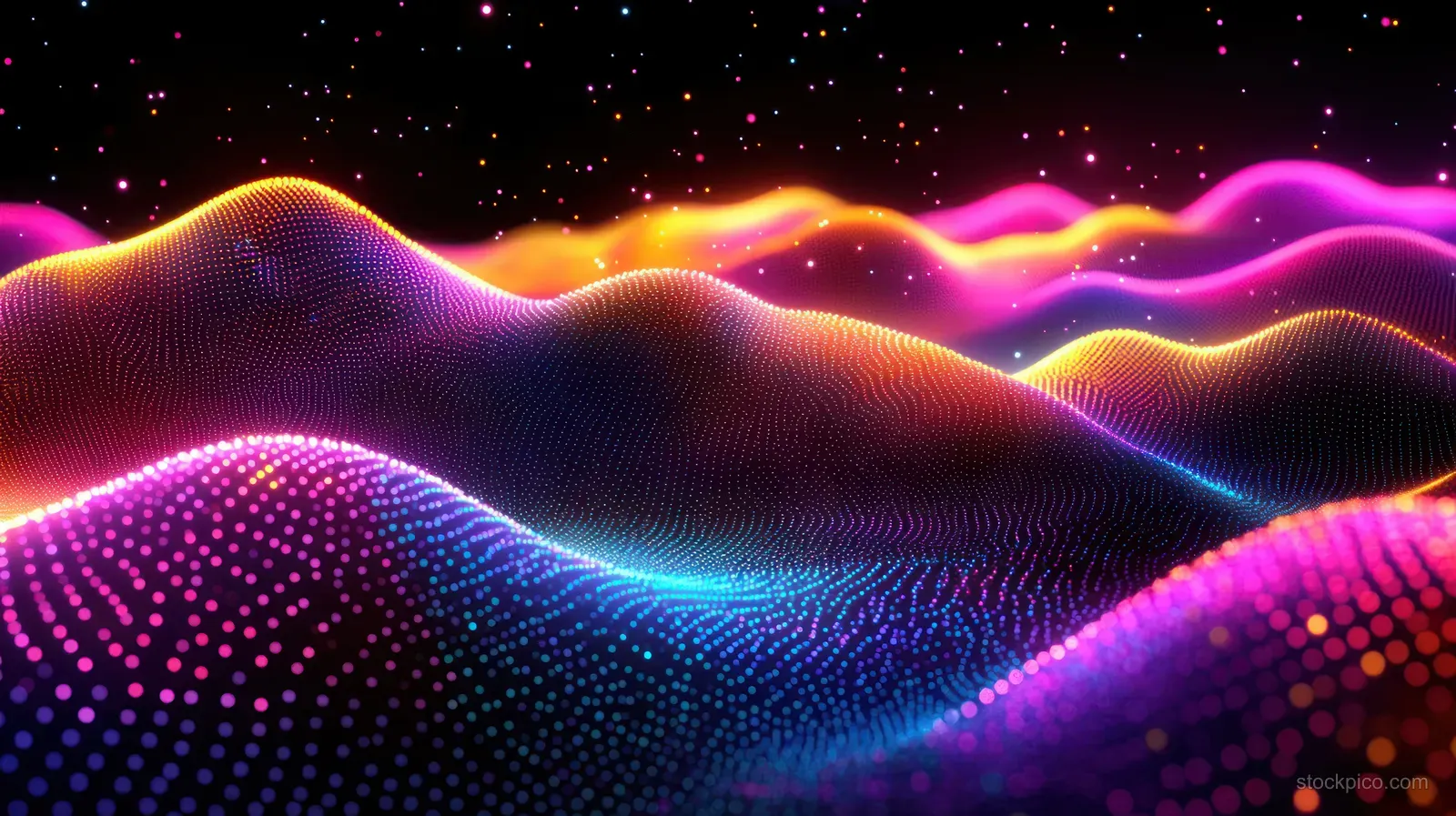 Neon dotted waveforms form glowing hills across a starry black background with pink, orange, blue, and purple light.