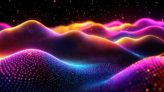 Neon dotted waveforms form glowing hills across a starry black background with pink, orange, blue, and purple light.