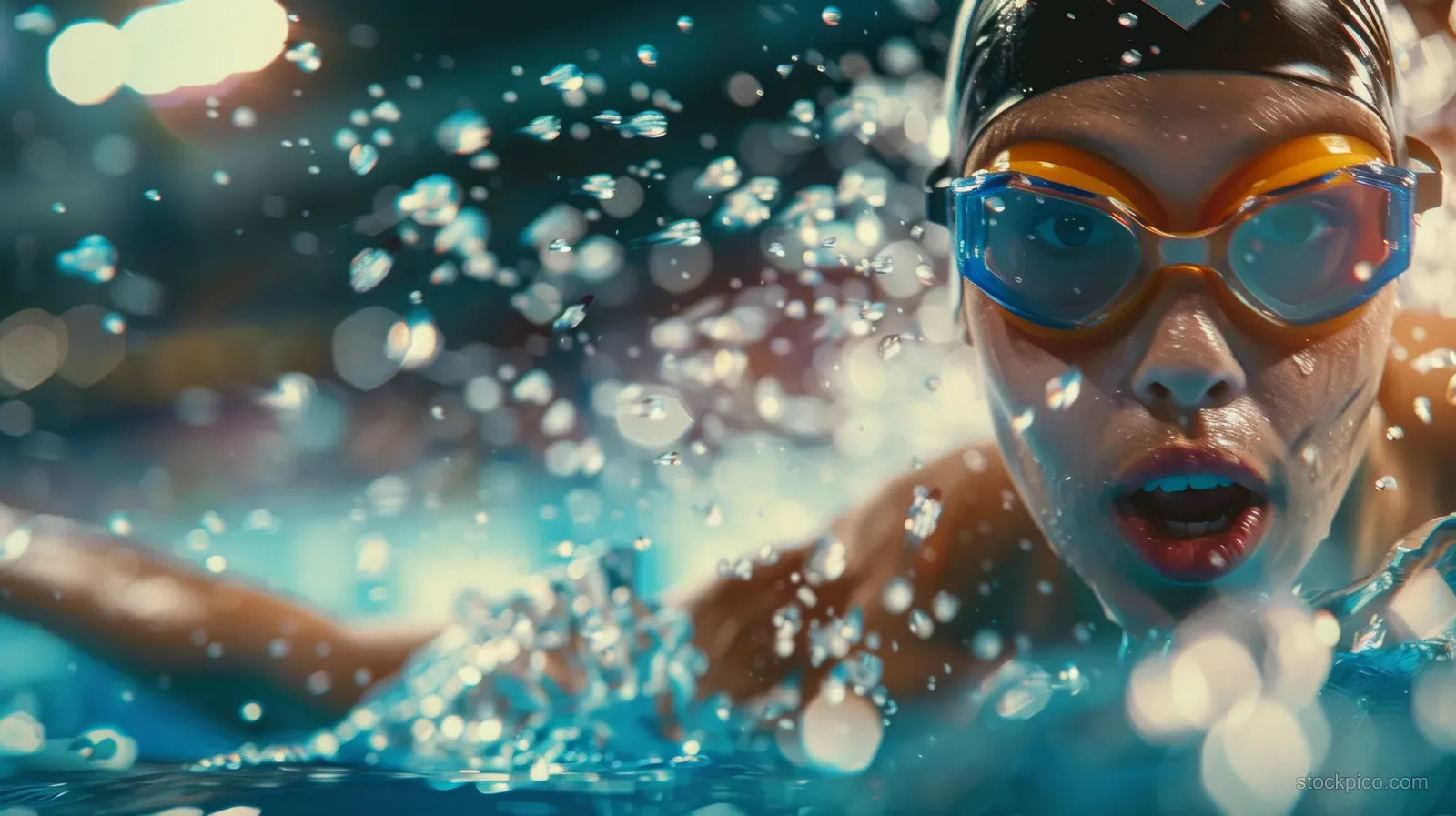 Female swimmer in goggles and swim cap drives a butterfly stroke with water splashing across the frame.