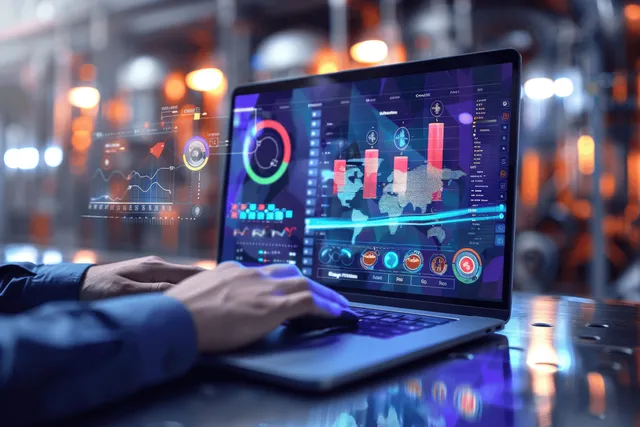 Engineer’s hands operate a laptop showing HVAC monitoring graphs and colorful icons inside an industrial control room.