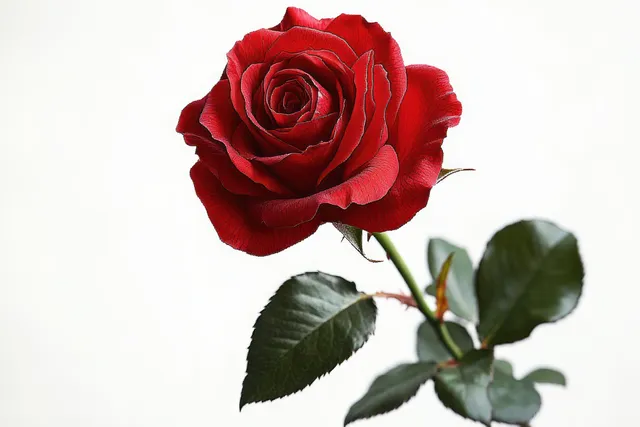 A single red rose with green leaves on a clean white background.