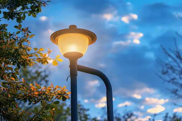 An illuminated LED street light stands on a park lamp post beneath a blue sky with clouds.