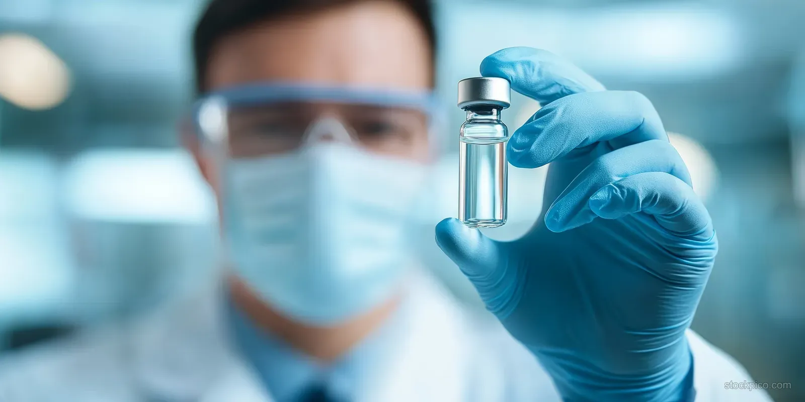 Masked scientist in gloves holding a vaccine vial in a sterile laboratory with blurred lab background.