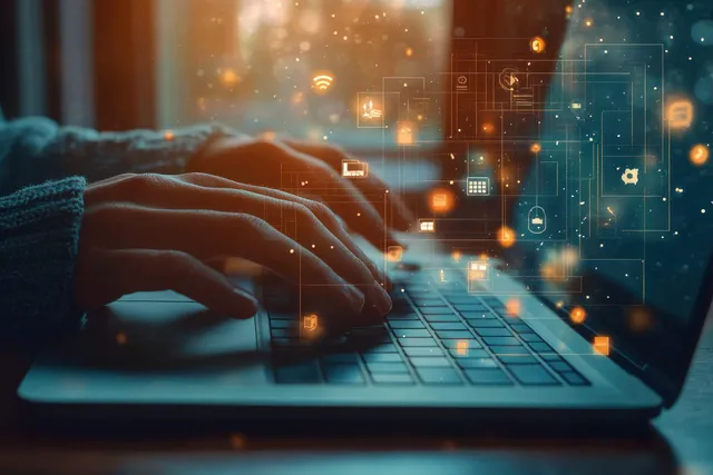 Hands typing on a laptop as a glowing marketing dashboard with targeting overlays appears on the screen.
