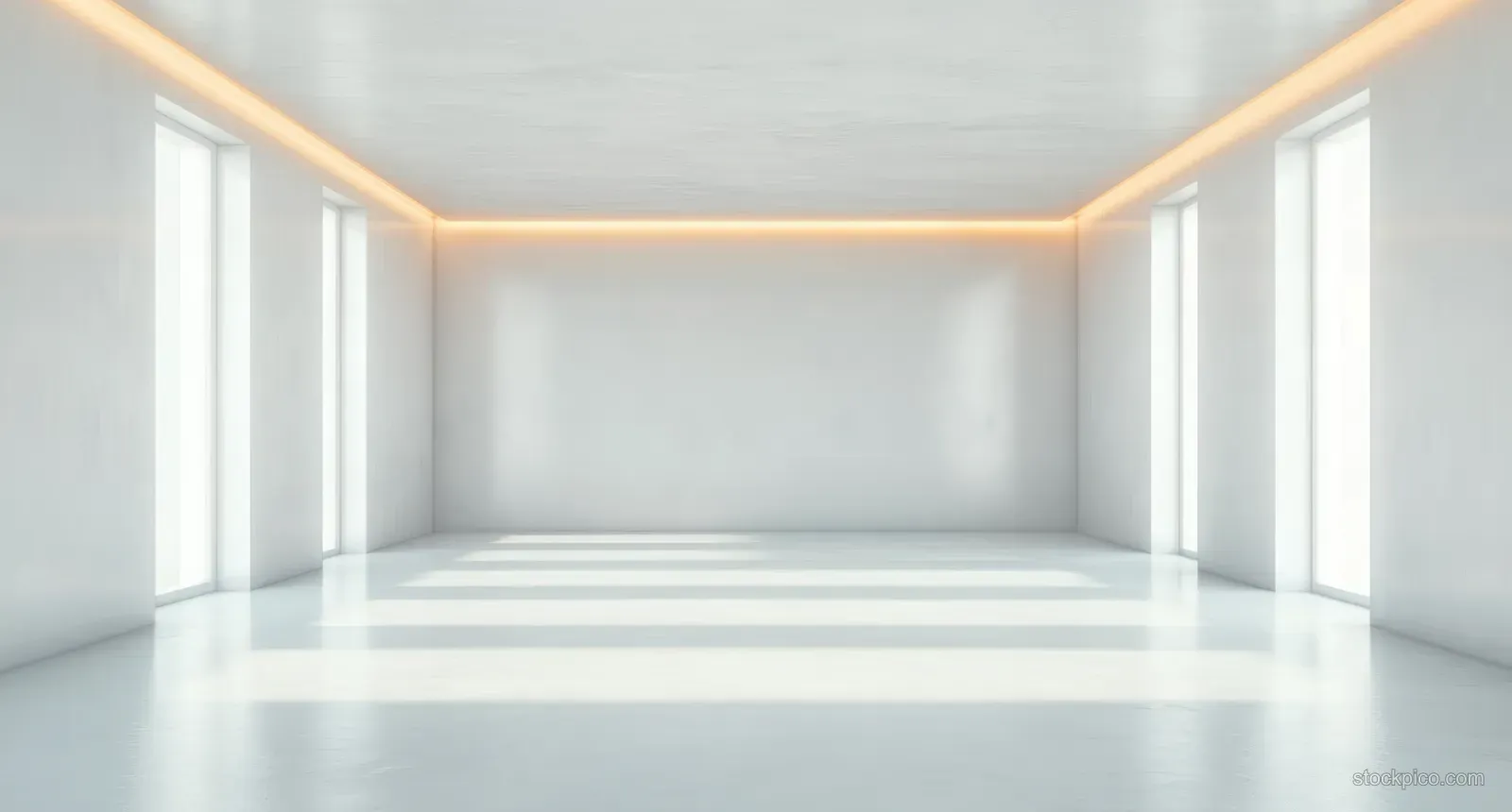 Empty minimalist white room with tall vertical windows and warm ceiling corner lighting.