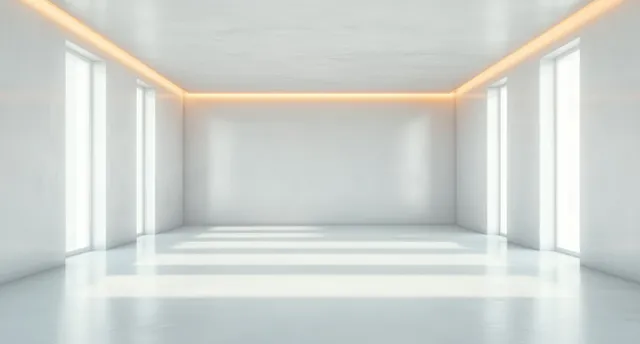 Empty minimalist white room with tall vertical windows and warm ceiling corner lighting.