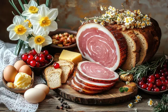 Sliced rolled ham and brown bread sit on a wooden board with eggs, cheese, red berries, nuts, and white flowers.