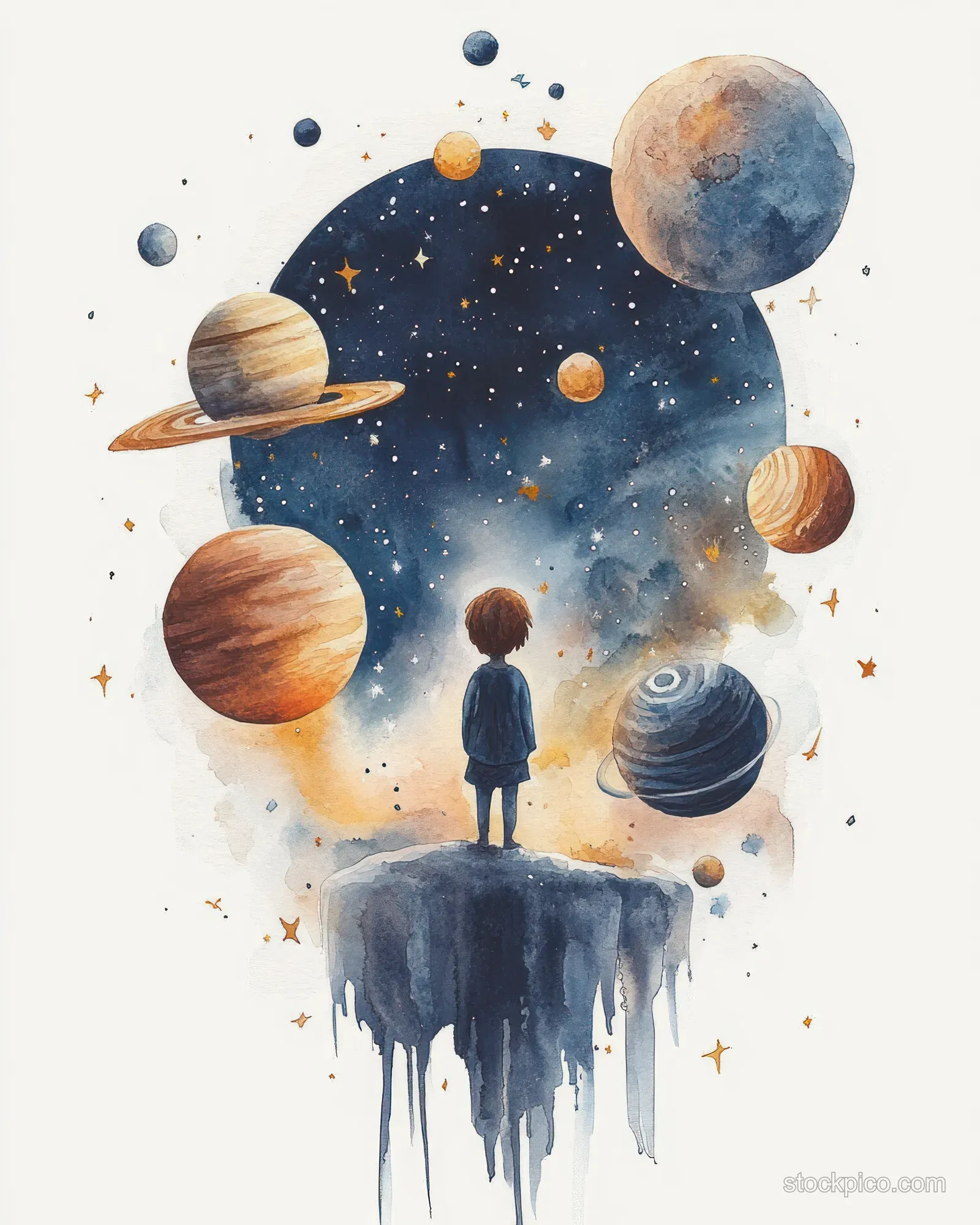 A child stands in a watercolor space scene surrounded by floating planets and stars over a dark dripping ground.