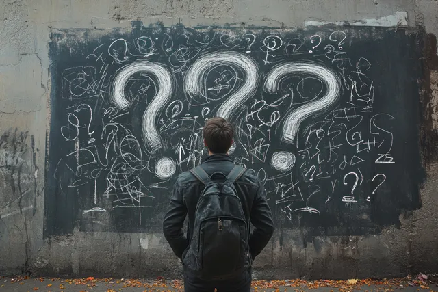 A businessman with a backpack stands in front of a chalkboard filled with question marks and arrows.