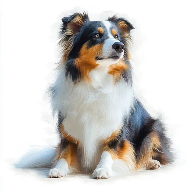 Tricolor Australian shepherd sitting and looking attentively sideways against a clean white background.