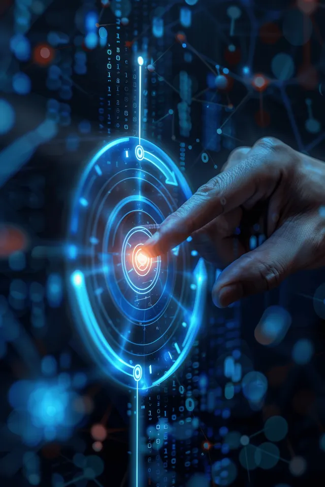A hand touches a glowing holographic target on a blue digital finance interface with chart-like graphics.