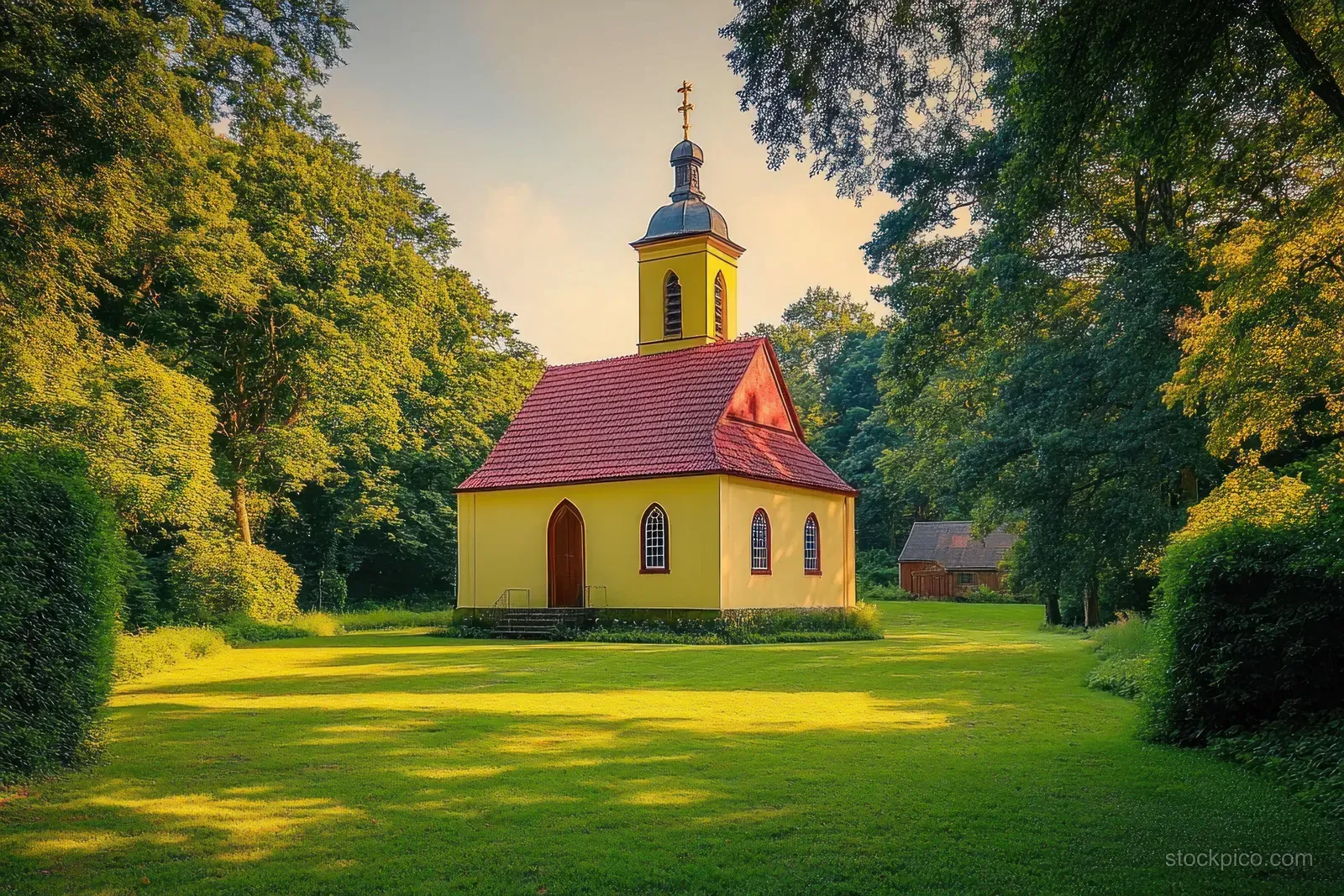 Yellow chapel with red roof and bell tower on a grassy lawn surrounded by lush green trees in bright sunlight.