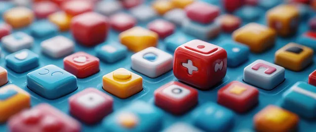 Colorful cube-shaped app icons scattered on a desk with soft lighting and blurred depth of field.