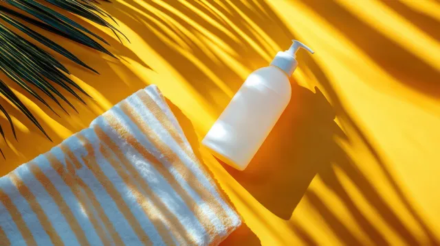 White pump bottle and folded striped towel on a bright yellow surface under palm leaf shadow patterns.