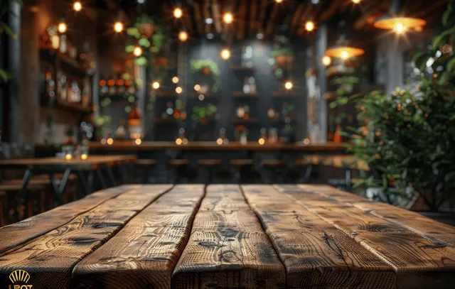 Rustic wooden tabletop in pub with blurred warm bar lights