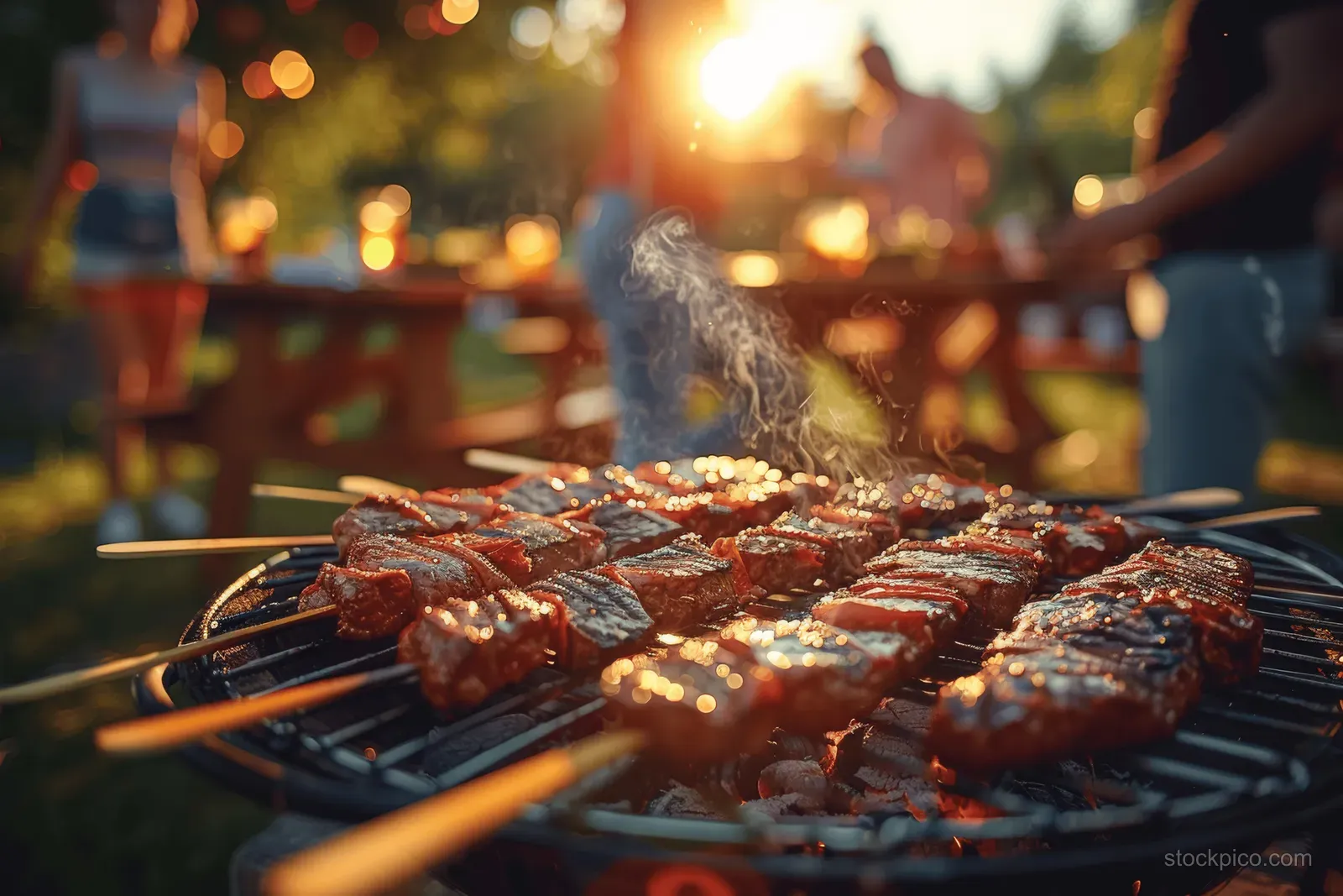 Sizzling barbecue ribs cook on a grill while people and warm golden lights fill the garden background.
