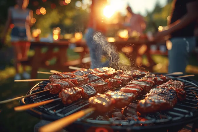 Friends share a summer garden barbecue around a glowing grill at golden hour