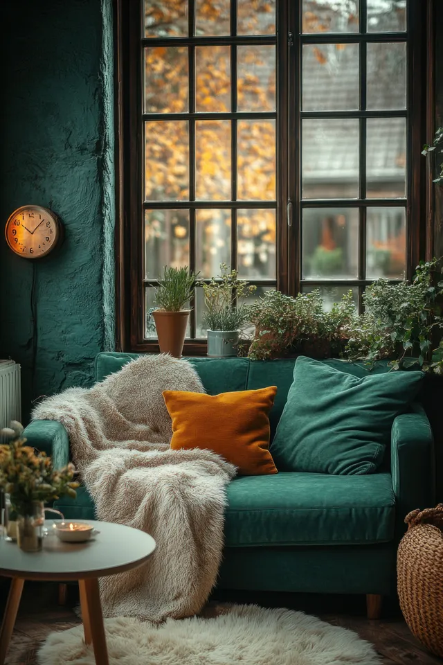 A cozy Scandinavian living room showcases a green sofa, round table, and sunlit windows with soft textiles and botanical accents.
