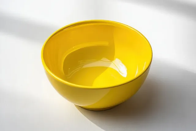 An empty glossy yellow ceramic bowl on a white surface with a soft shadow from natural sunlight.