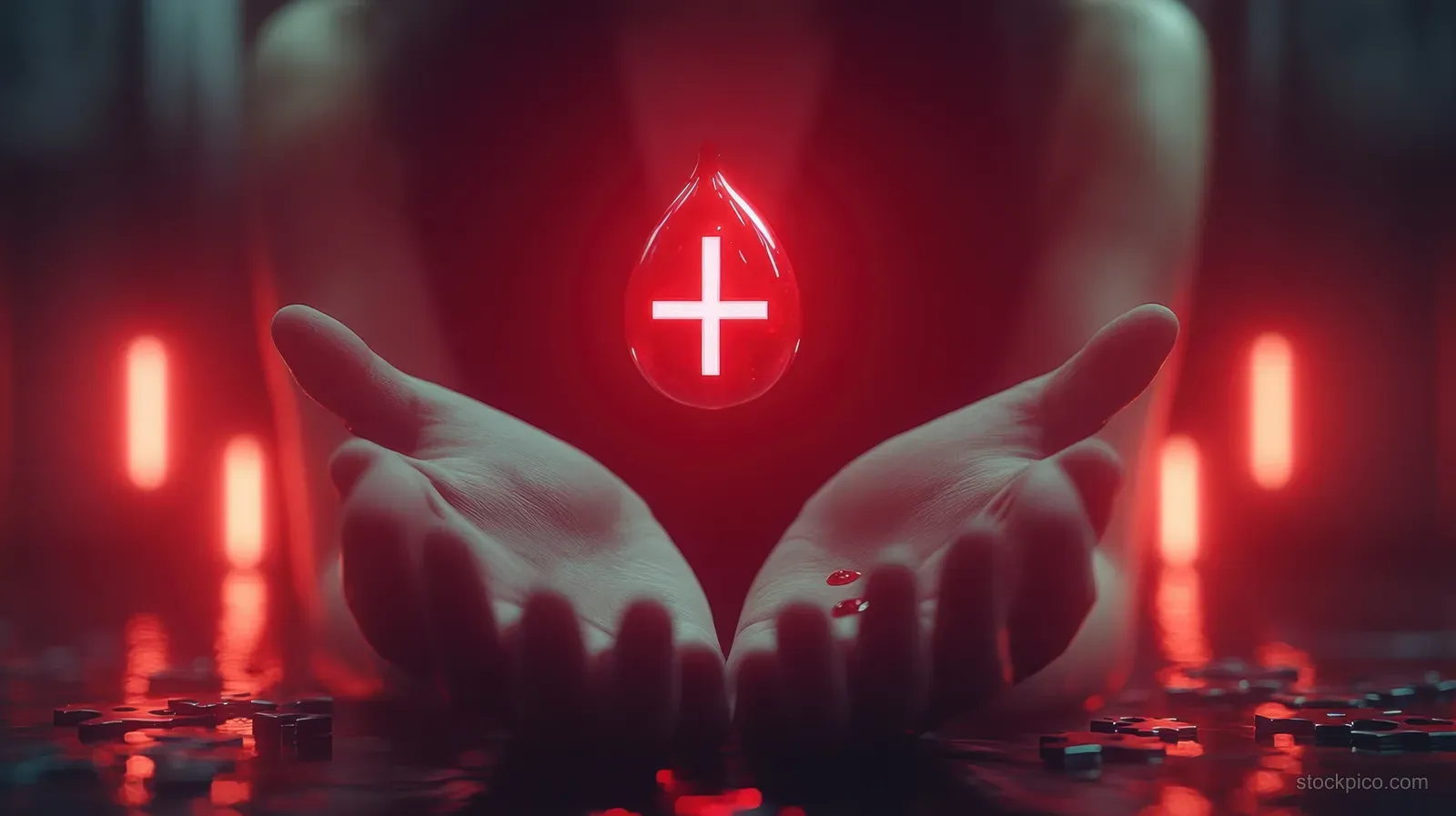 Two hands frame a glowing medical cross above a red-lit blood donation backdrop with blurred lights.