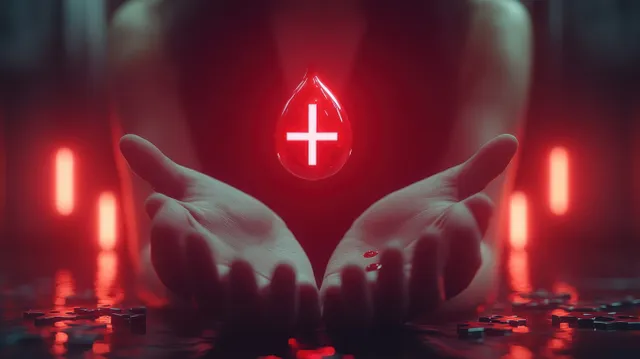 Two hands frame a glowing medical cross above a red-lit blood donation backdrop with blurred lights.