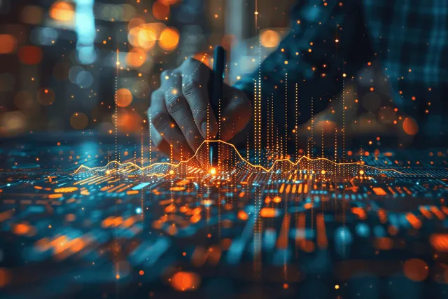 A businessman analyzes glowing AI data streams on a transparent virtual dashboard with network charts in the background.