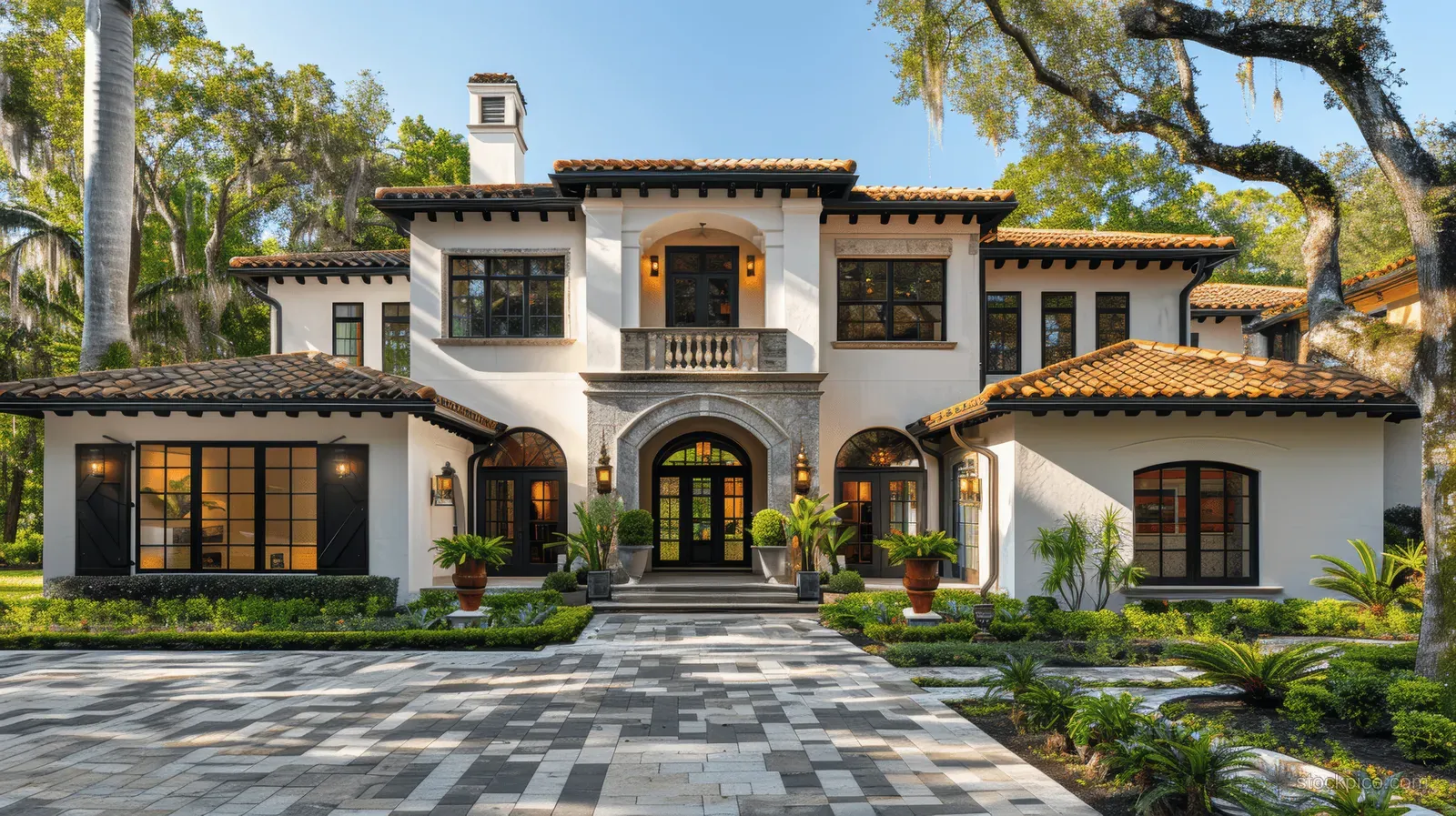 Spanish Colonial home in Tampa with a stone paver driveway, arched entry, and tropical landscaping under bright summer light.