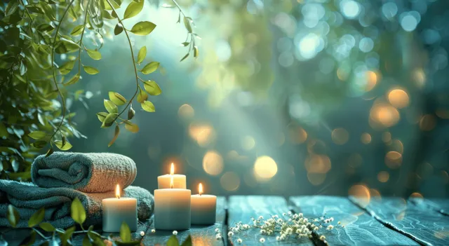 Candles, rolled towels, and green plants sit on a turquoise wooden table.