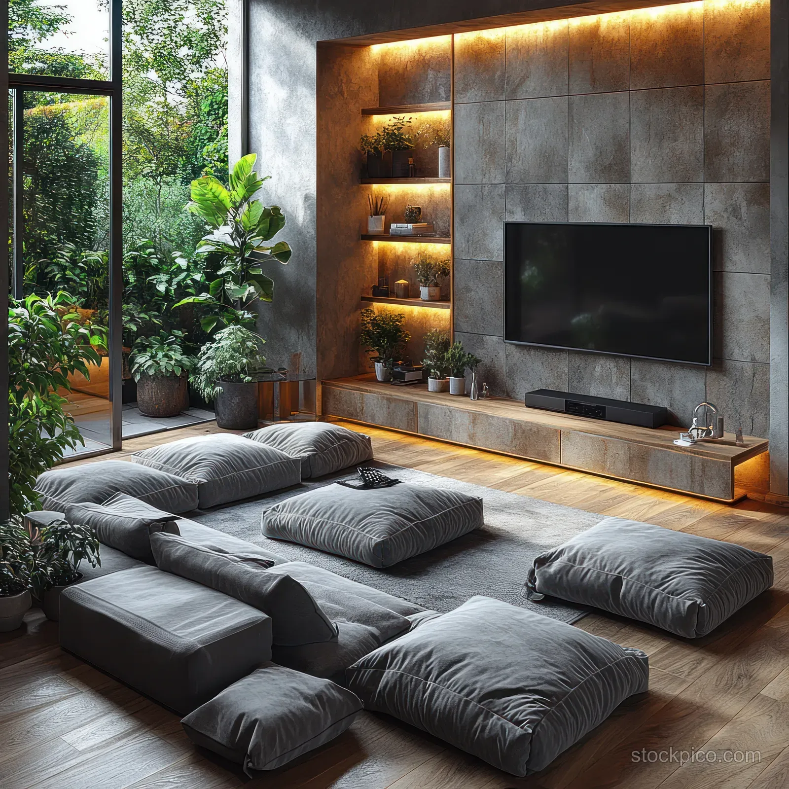 Overhead view of a living room with floor cushions, a flat-screen TV, warm strip lights, and potted plants.