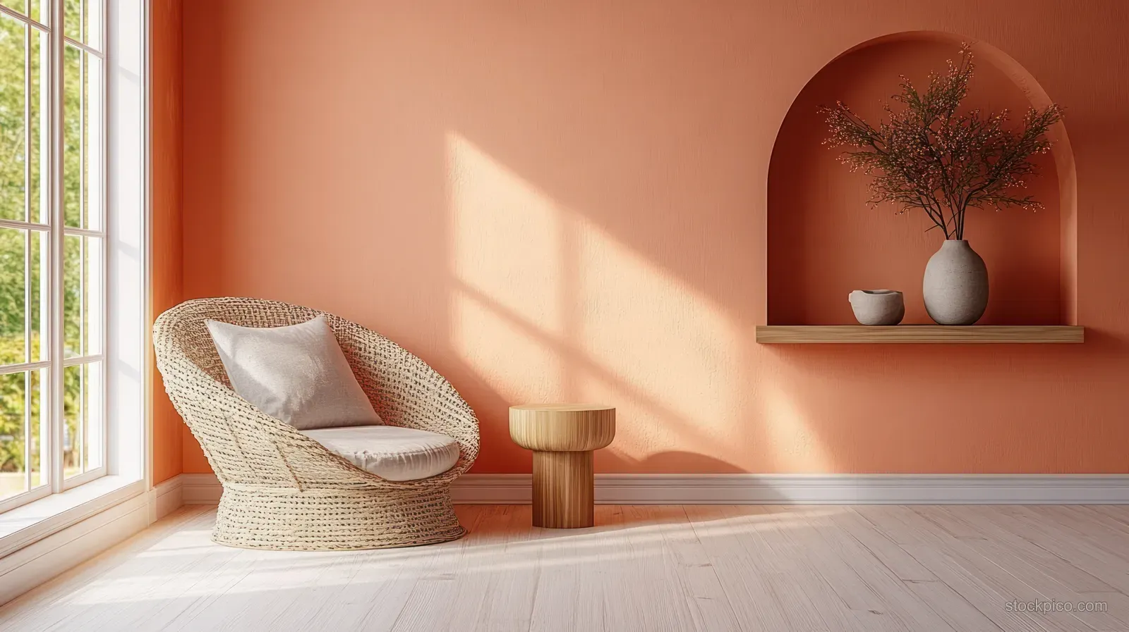 Woven armchair beside a wooden side table and decorative vase in a peach minimalist living room lit by window sunlight.
