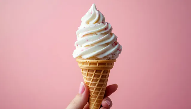 Hand holding a vanilla soft serve ice cream cone with strawberry bits against a pastel pink background.