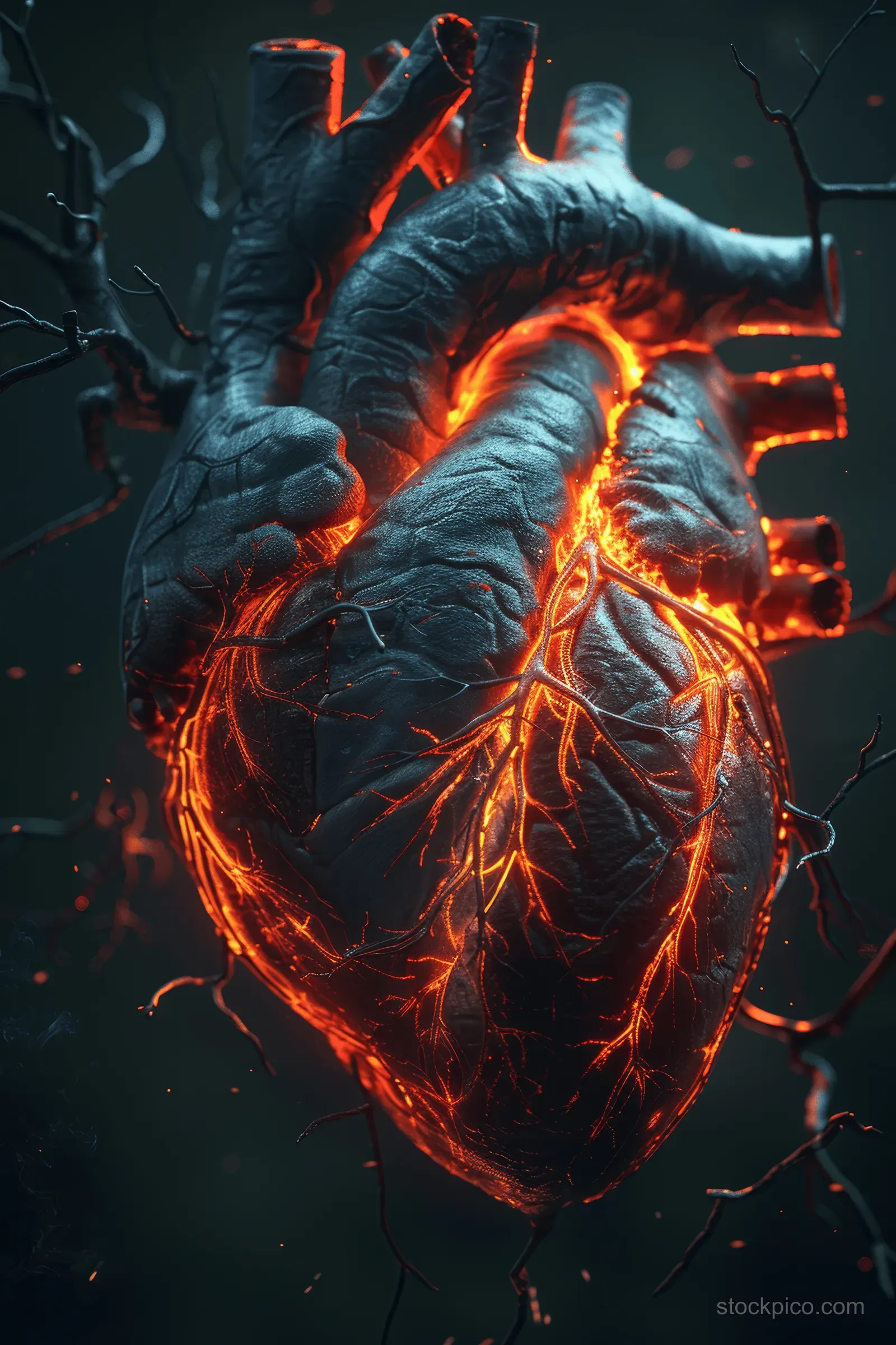 An anatomical heart with glowing red veins glows against a dark cracked background.