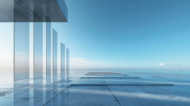 Minimalist glass building facade and concrete path along a calm ocean horizon under a clear blue sky.