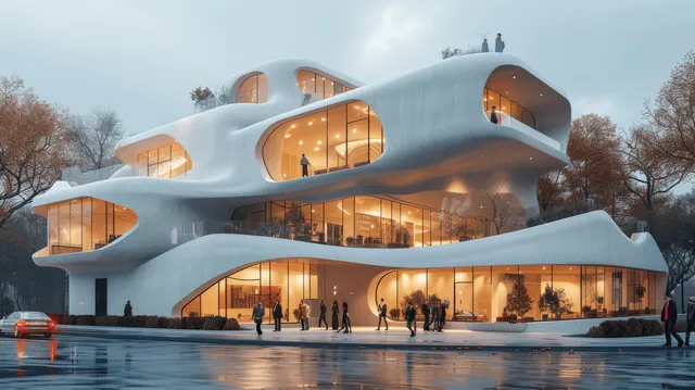Wave-shaped futuristic building at dusk with glowing curved windows beside a calm waterfront plaza.