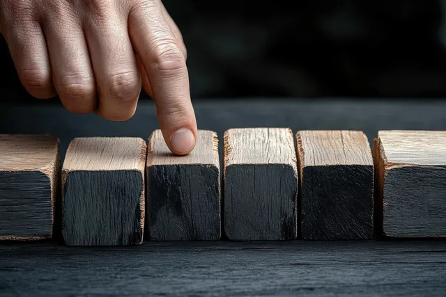 Hand index finger about to push a black wooden block in a row on dark table