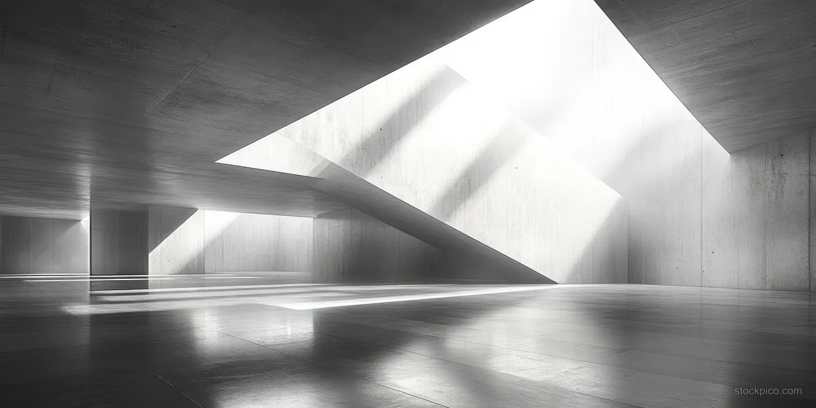Minimalist concrete interior with angular geometric beams and soft skylight creating long shadow bands.