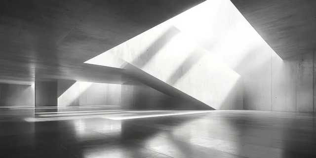 Minimalist concrete interior with angular geometric beams and soft skylight creating long shadow bands.