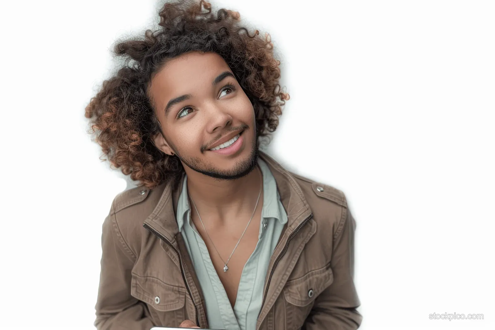 Smiling young man with curly hair holds a smartphone outdoors in a bright city street scene.
