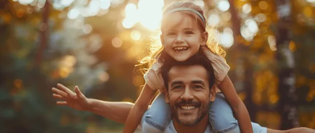 Father giving daughter a piggyback ride in sunny park, arms out, smiling with Parent Child Bonding