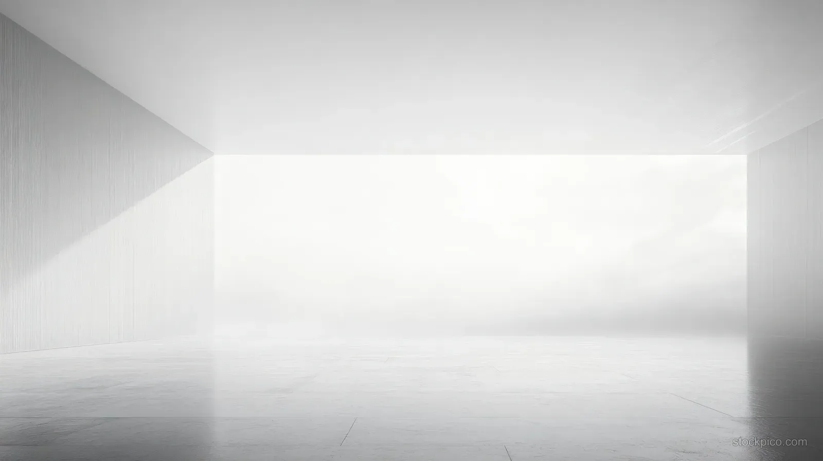 Empty minimalist interior with smooth floor and a large rectangular window revealing a bright overcast sky.