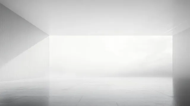 Empty minimalist interior with smooth floor and a large rectangular window revealing a bright overcast sky.