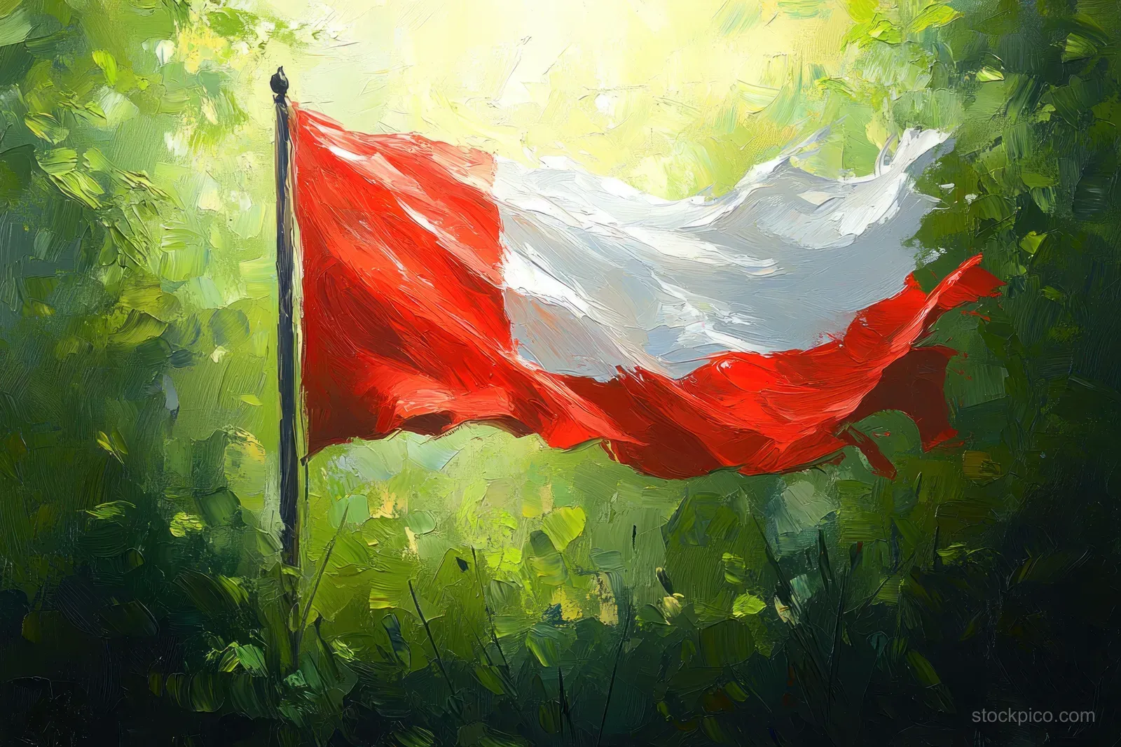 A red and white Polish flag waves among sunlit green leaves in the outdoors.