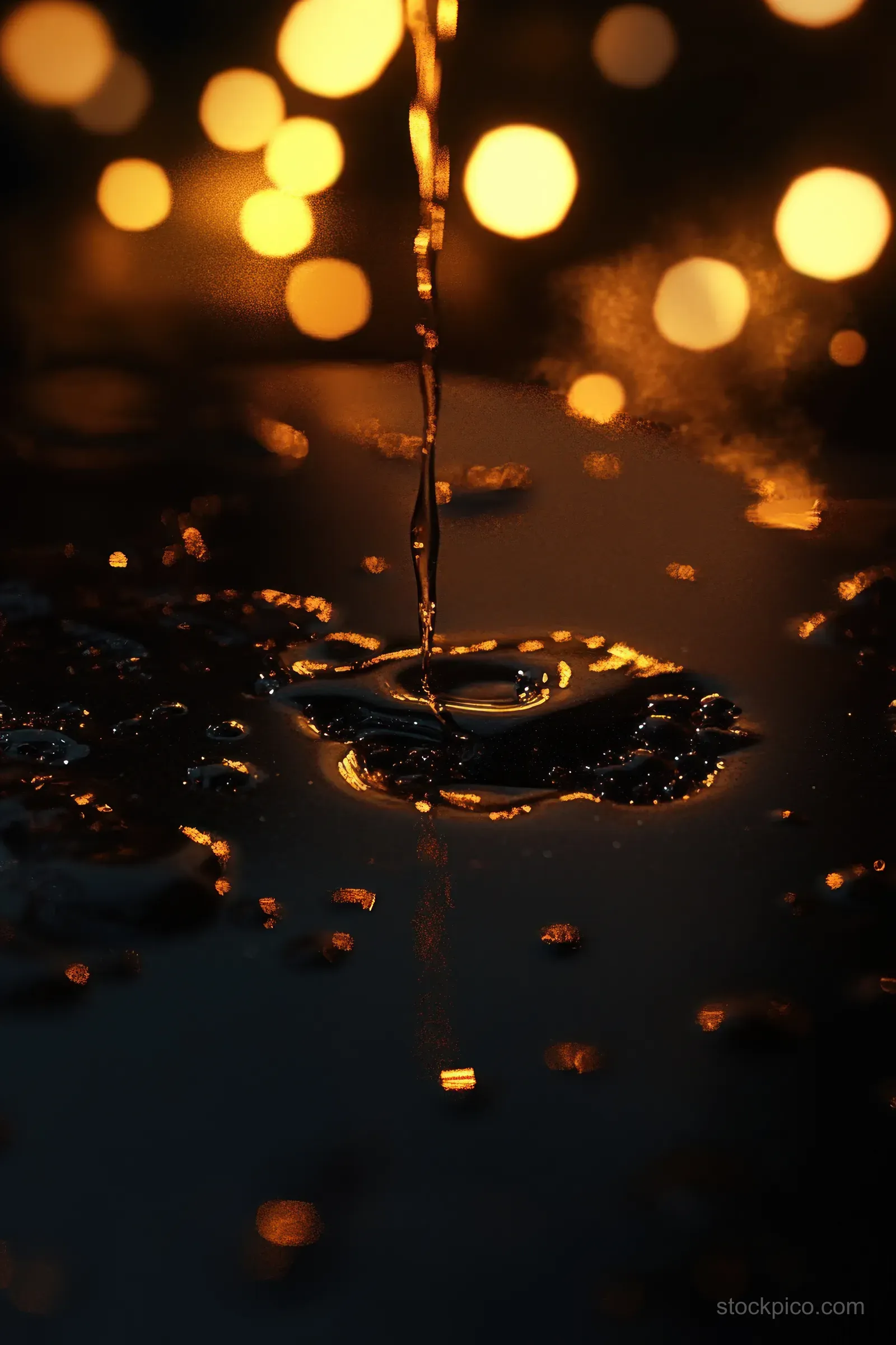 Golden liquid pours onto a dark reflective surface, creating sparkling droplets beneath warm glowing bokeh lights.