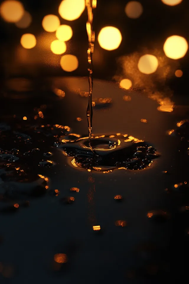 Golden liquid stream pouring onto dark reflective surface with sparkling droplets and warm bokeh