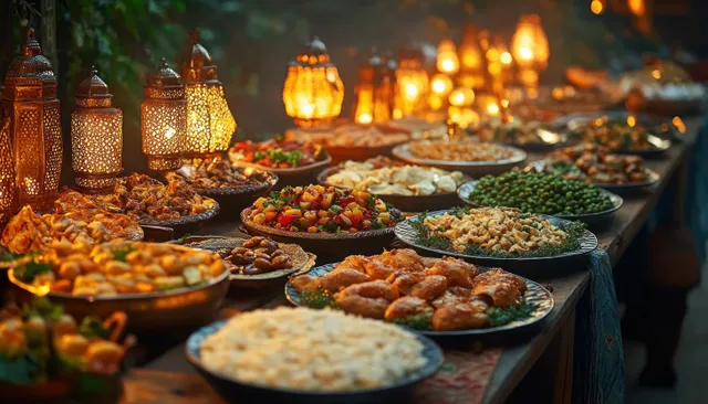 Outdoor feast table with colorful salads, vegetables, bread, and lantern-lit evening ambience