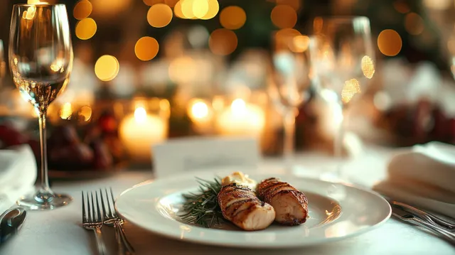 White plate dinner setting with candles and soft bokeh lights at a wedding table